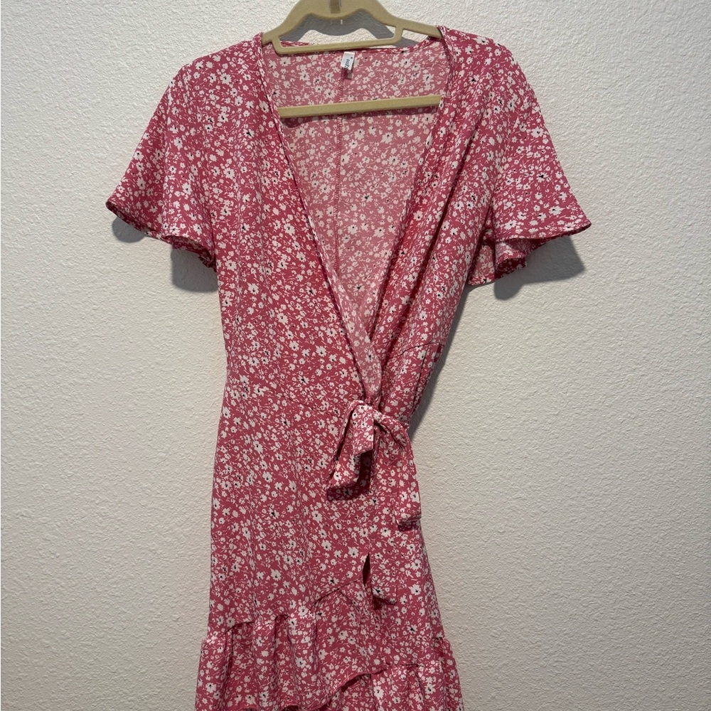 Pink Floral Tie-Waist Midi Dress with Ruffle Hem